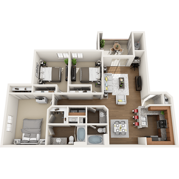 Floor plan for 3 beds, 2 baths, 1408 sqft